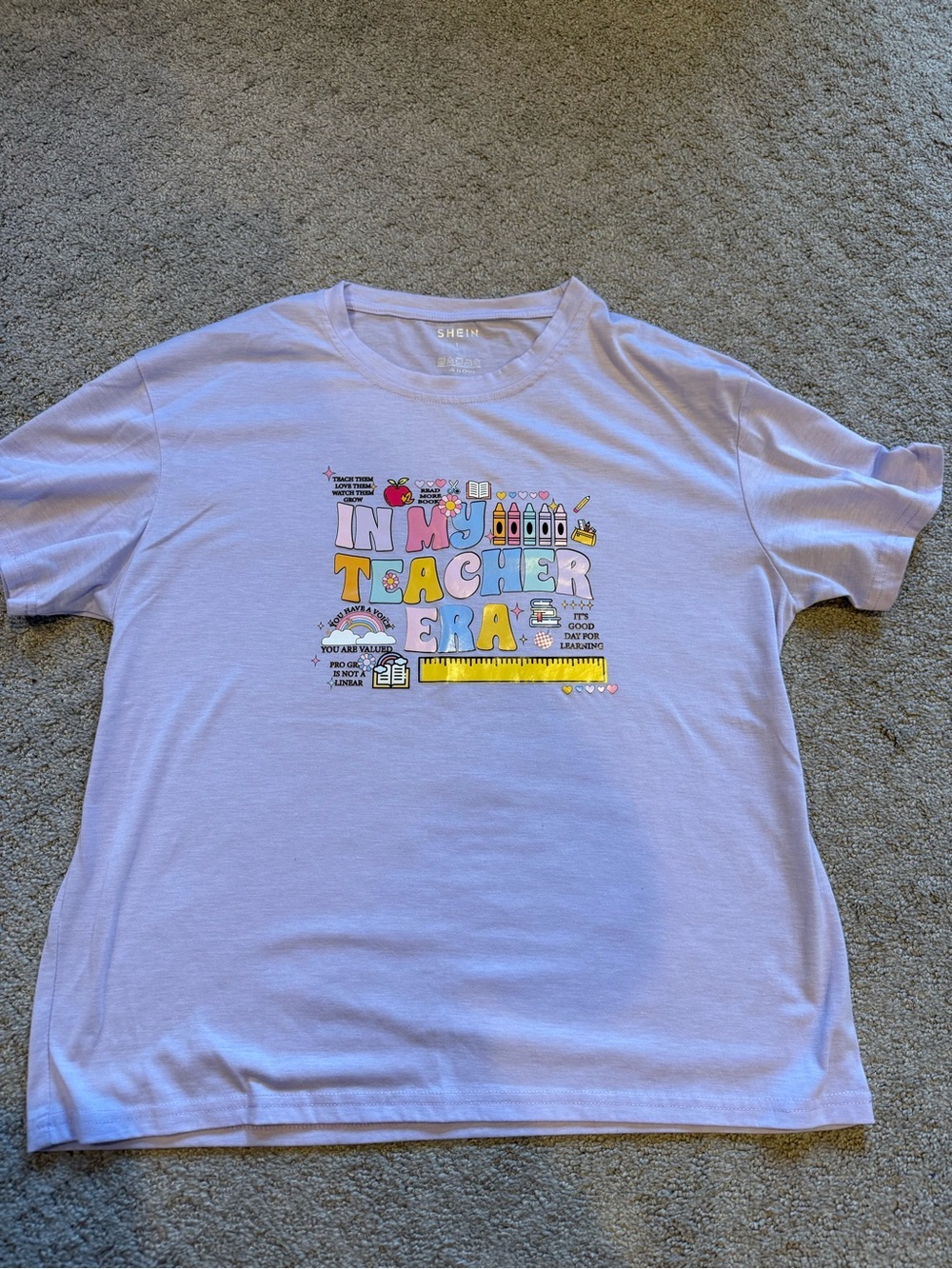 SHEIN Lilac 'In My Teacher Era' Graphic Tee with Multicolor Print